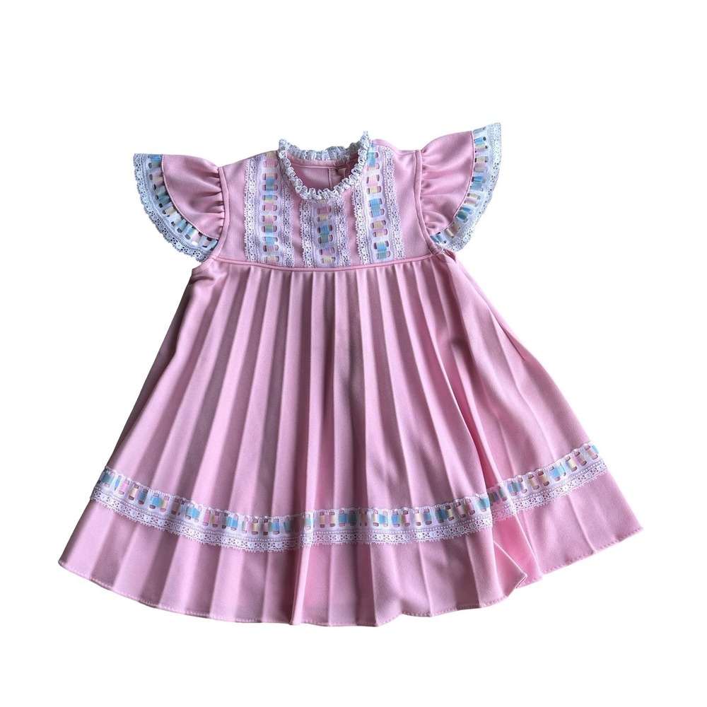 Vintage Girls Pink Pleated Lace Trim Dress Rainbow Ribbon Flutter Sleeve Special